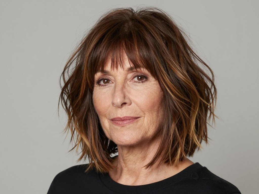 Woman with textured long bob and bangs