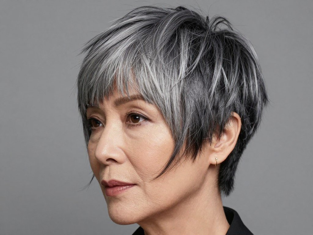 Woman with textured pixie cut and long side-swept bangs