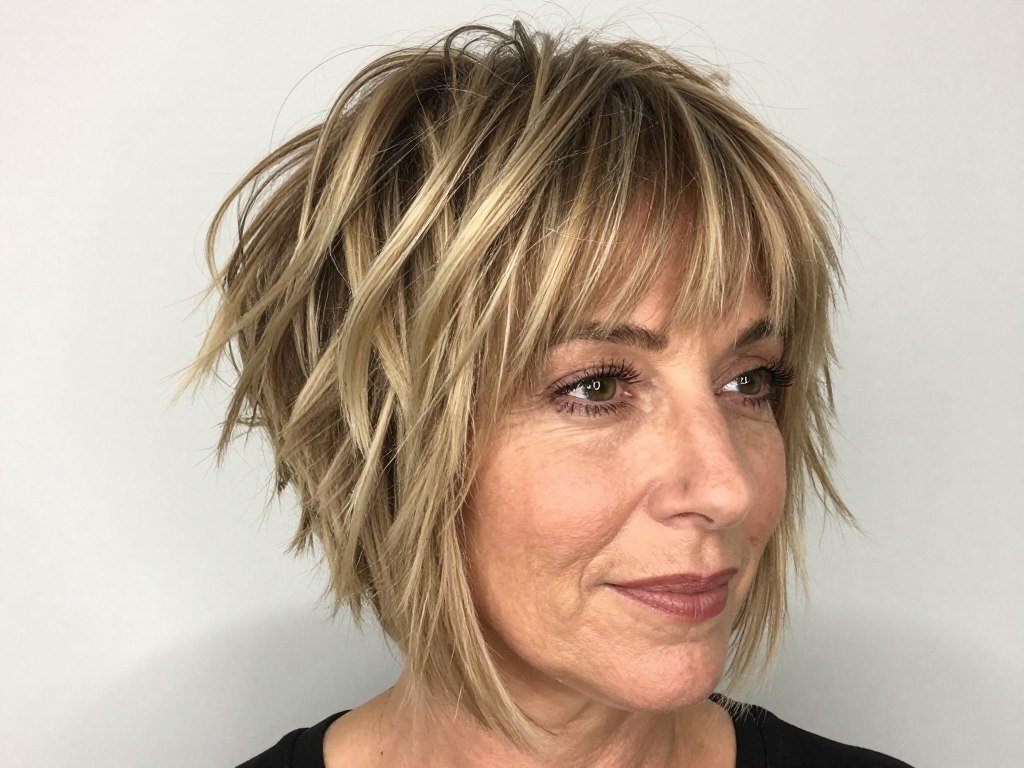 Woman with textured shag bob haircut