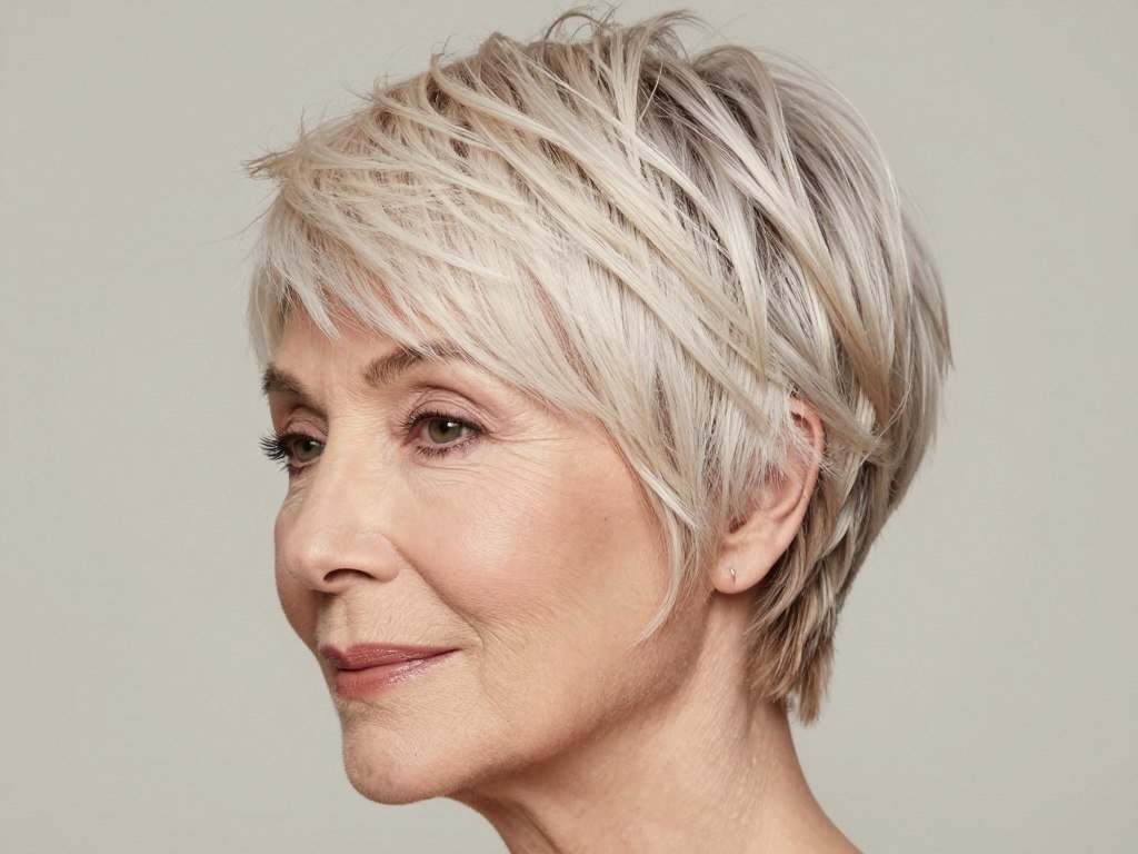 Woman with wispy textured pixie haircut