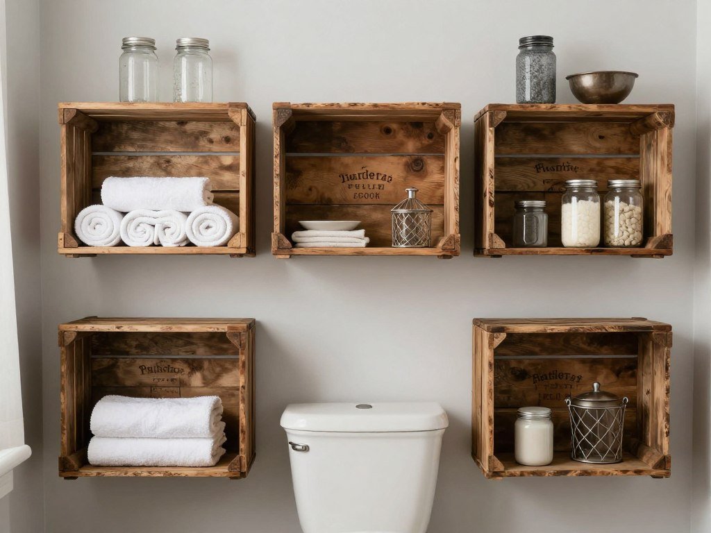 Wooden crates mounted as shelves above toilet with vintage style