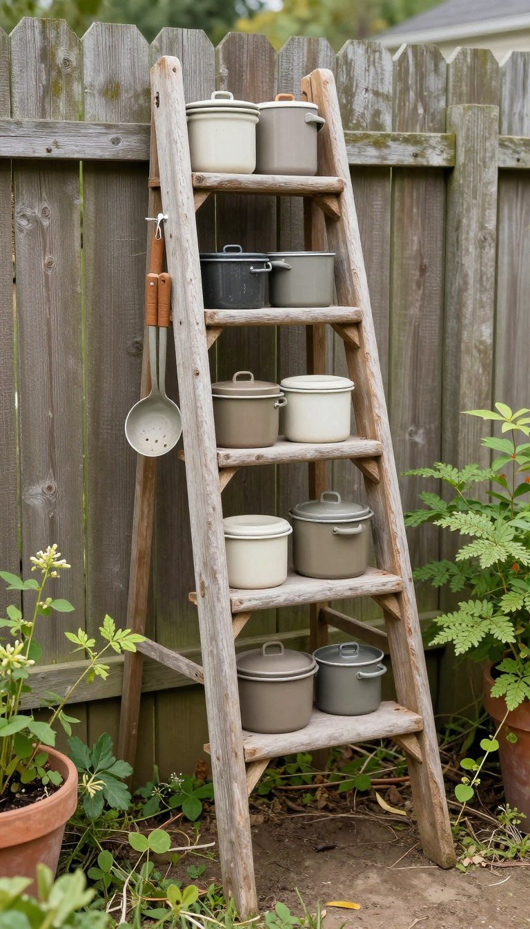 Wooden ladder leaning as vertical mud kitchen with shelves on rungs for small spaces