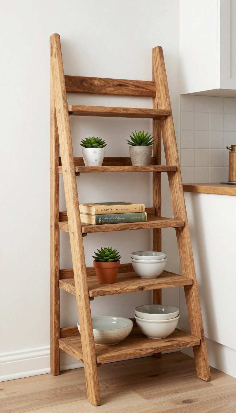 Wooden ladder-style leaning shelves in kitchen corner holding cookbooks and decorative items
