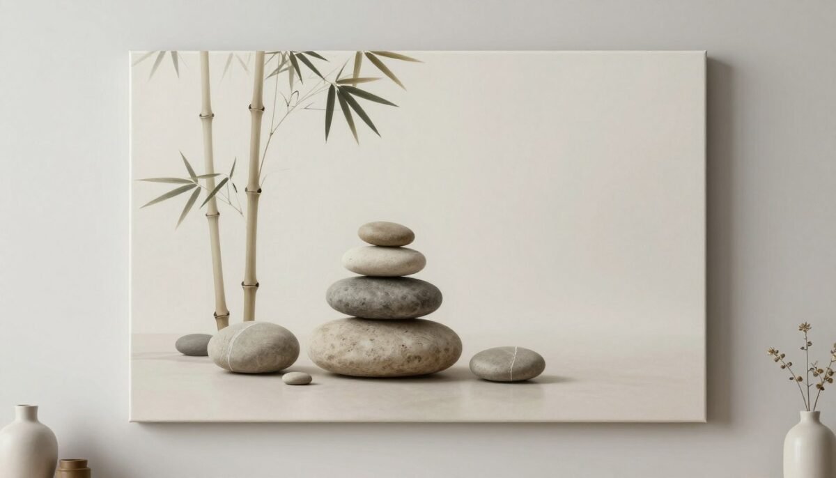 Zen stones and bamboo canvas art in minimalist bathroom