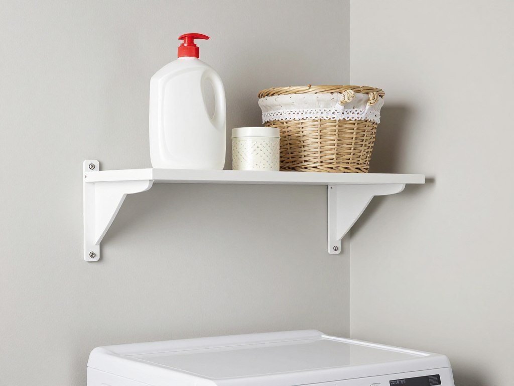 adjustable tension shelf installed above top loading washing machine
