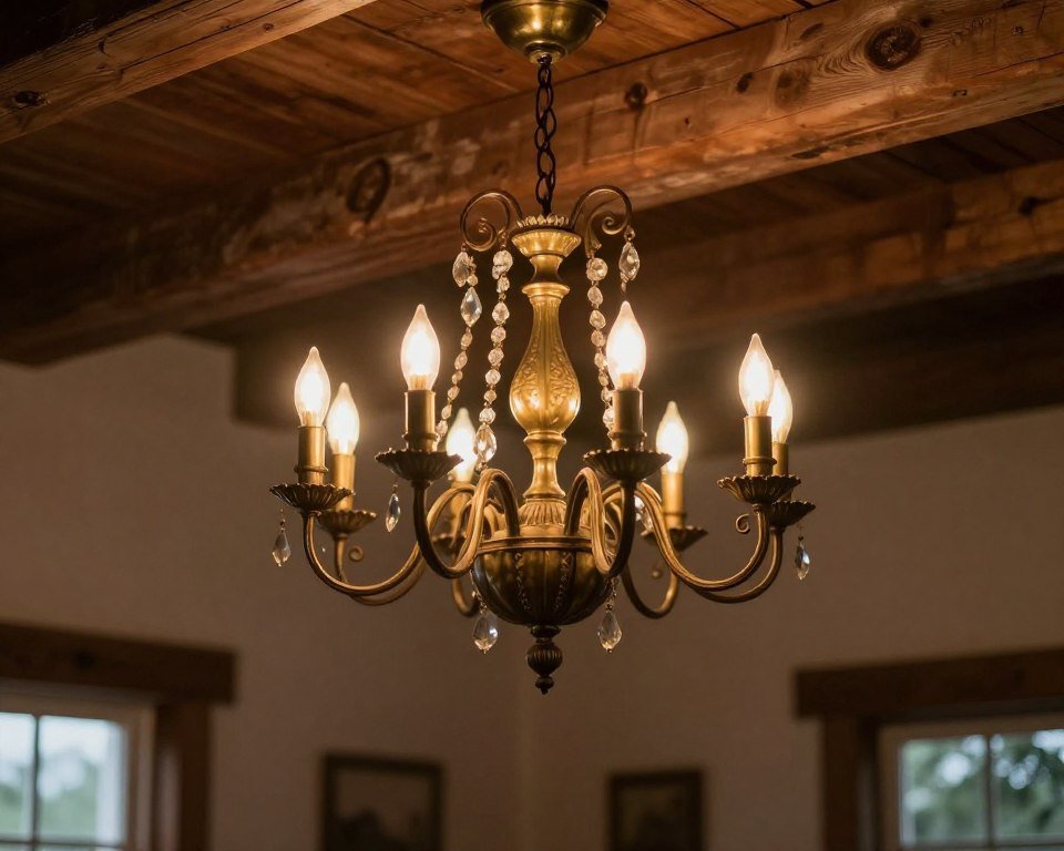 antique chandelier in farmhouse living room