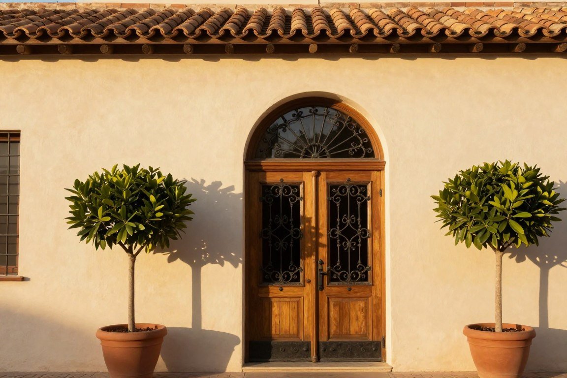 arched mediterranean style wooden door with iron details on stucco home