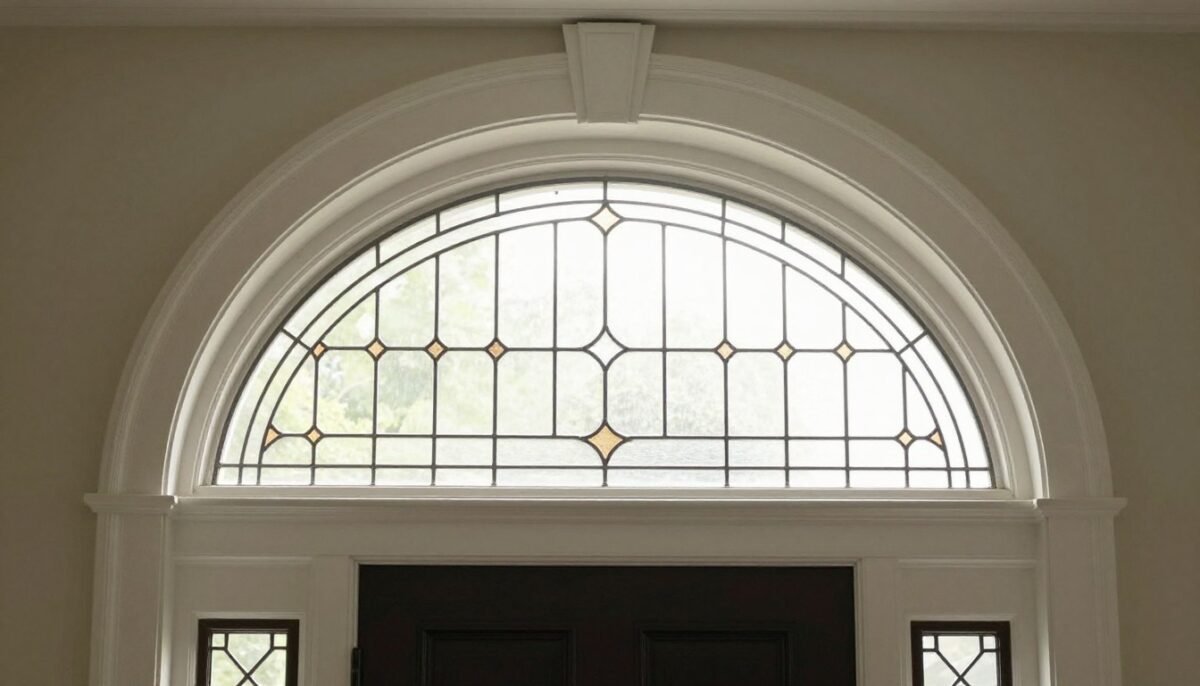 arched transom window above front door with decorative glass pattern