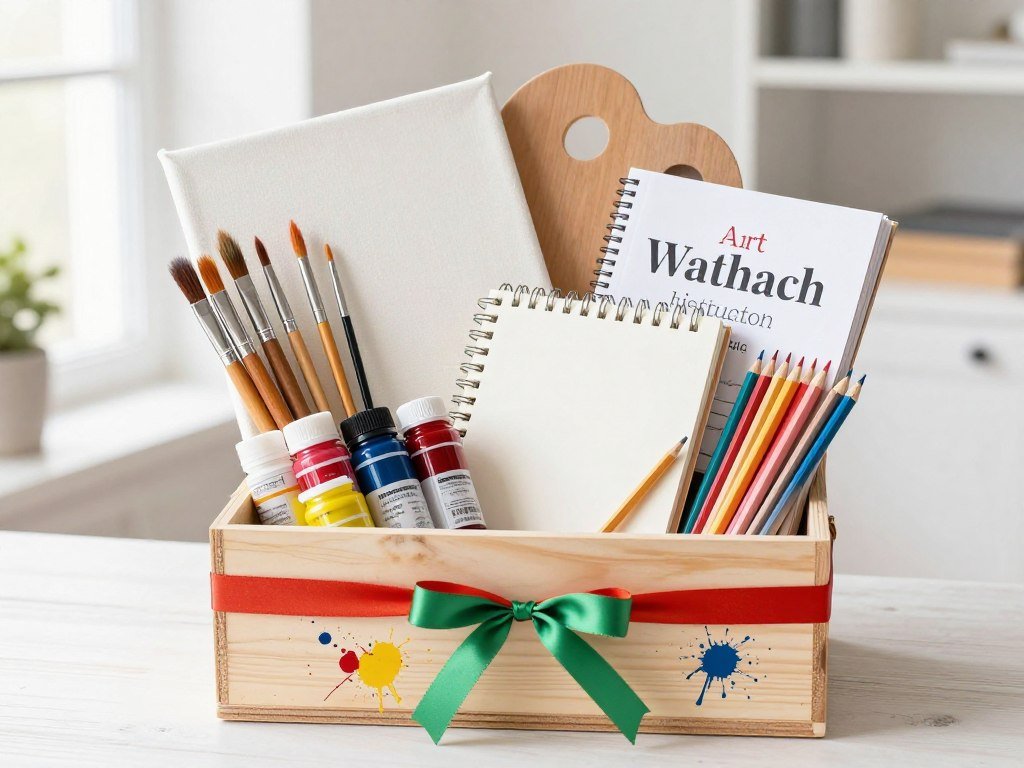 art supplies themed gift basket with paints and brushes