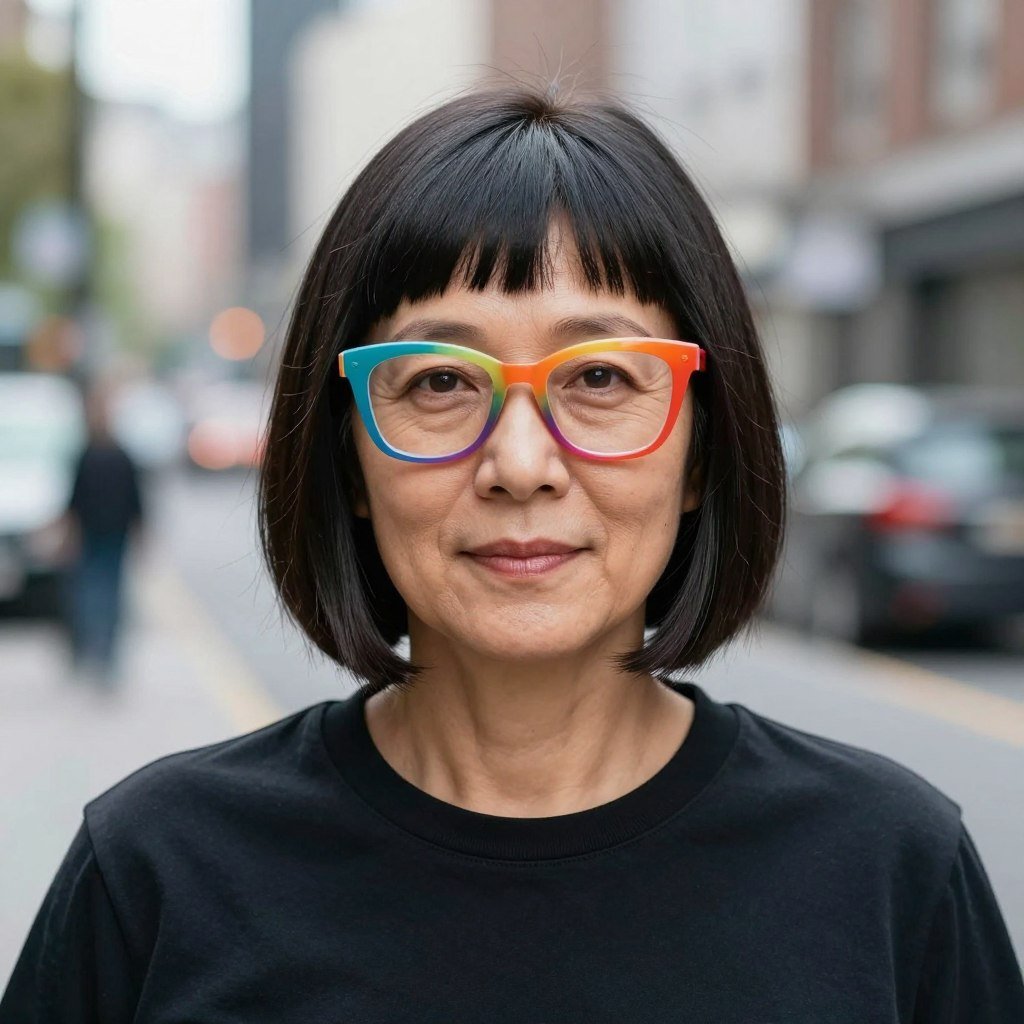 asymmetrical bob with uneven lengths and bold frames