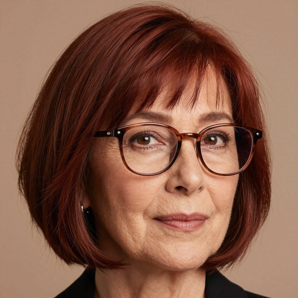 auburn bob hairstyle with bronze eyeglass frames