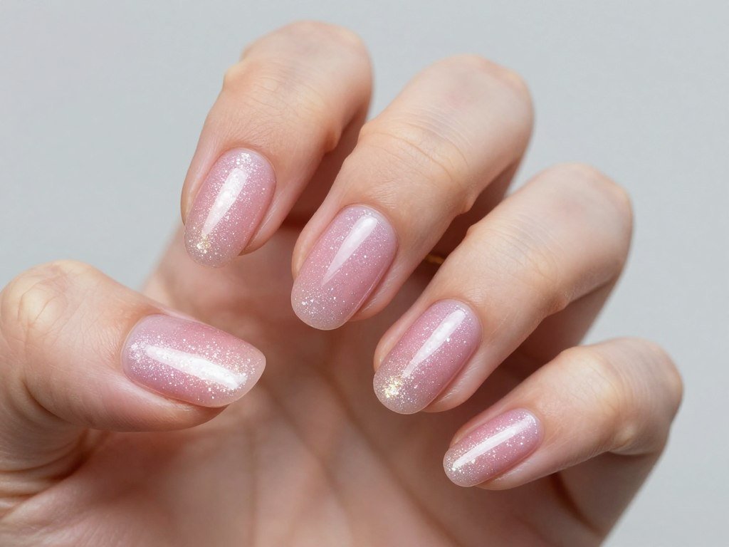 baby pink nails with very fine glitter creating soft sparkle