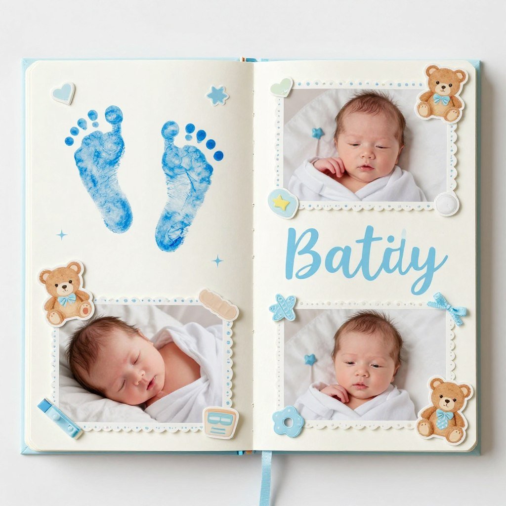 baby scrapbook page with footprints and first photos