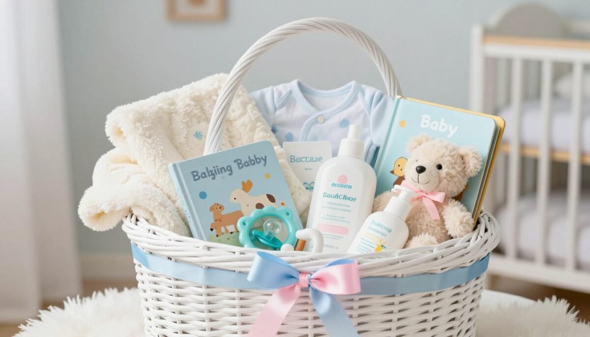 baby themed gift basket with infant supplies