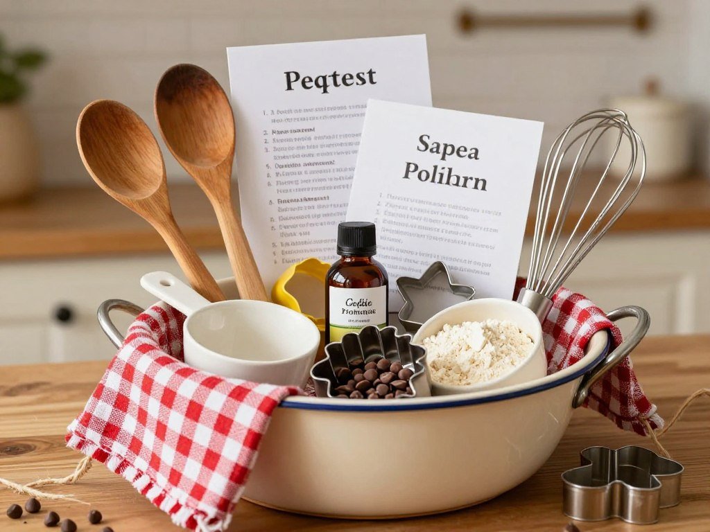 baking themed gift basket with supplies and tools
