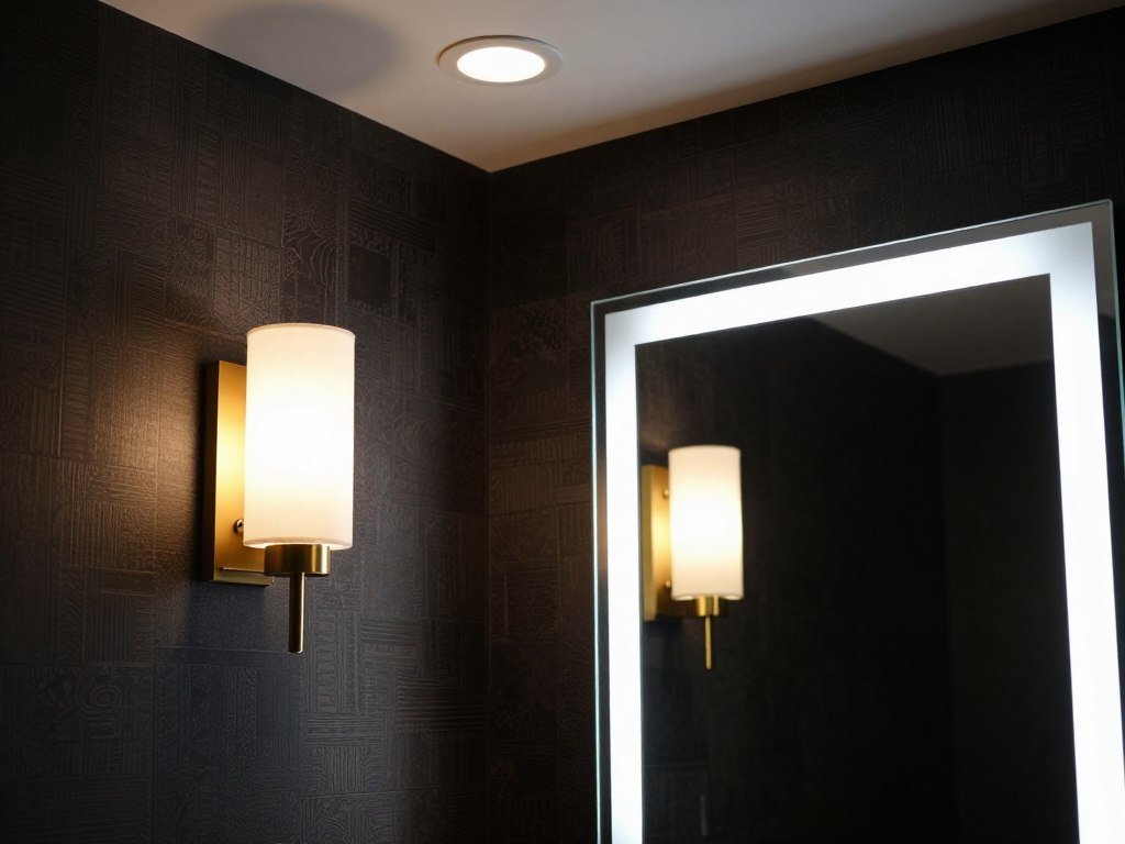 bathroom lighting setup showing layered light sources with dark wallpaper