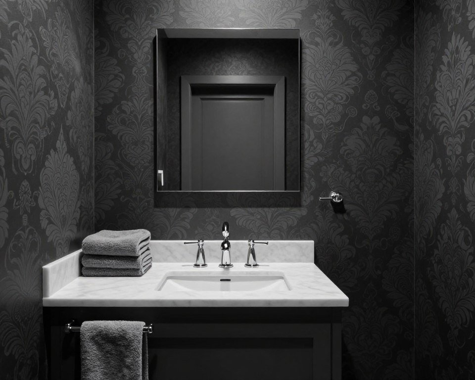bathroom with tonal dark grey wallpaper in varying shades