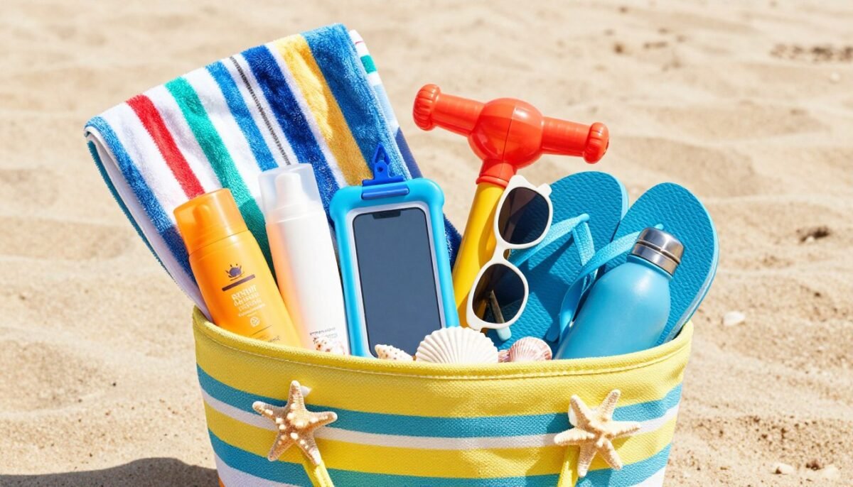 beach themed gift basket with towels and sunscreen