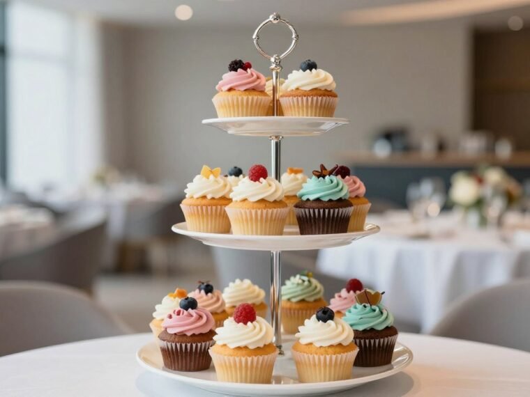 beautiful DIY cupcake stand with colorful cupcakes arranged on multiple tiers at a party celebration