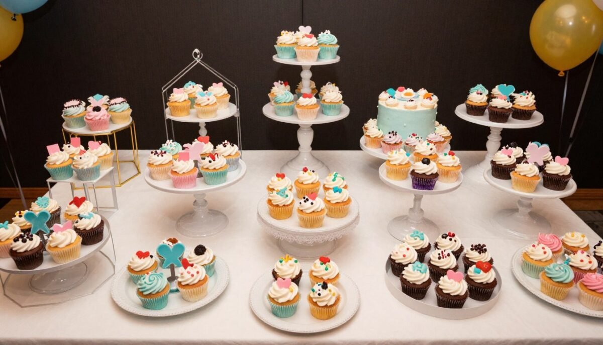 beautiful collection of various DIY cupcake stands displayed together at a party