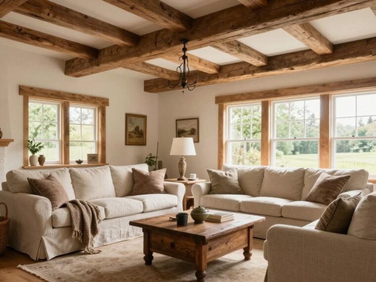 beautiful country farmhouse living room with wooden beams and natural light