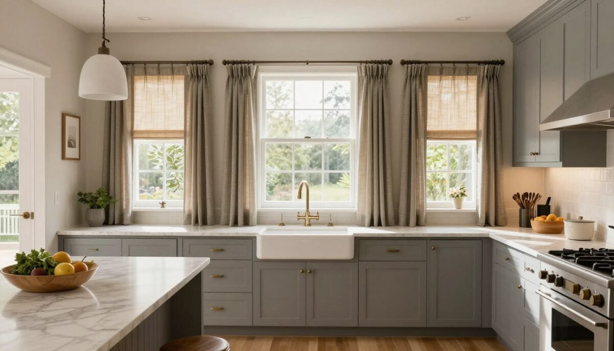 beautiful finished kitchen with perfect curtains above sink creating ideal atmosphere