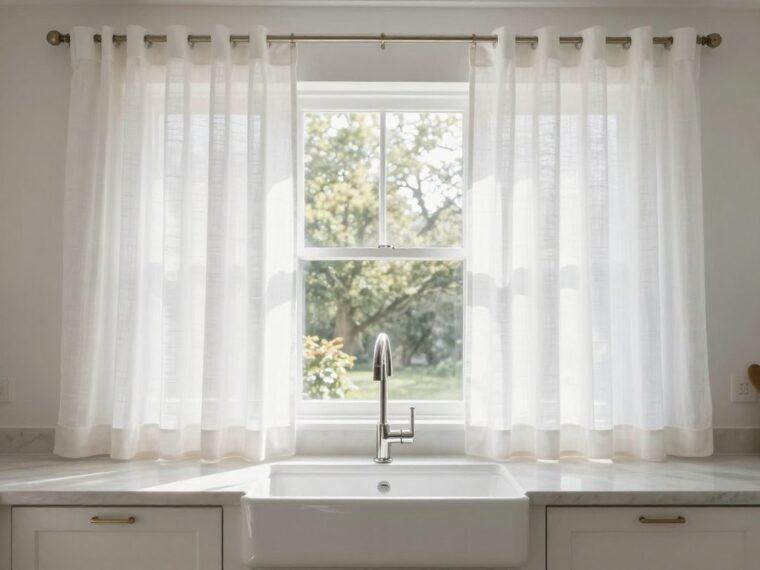 beautiful kitchen window curtains over sink with natural light filtering through white linen fabric
