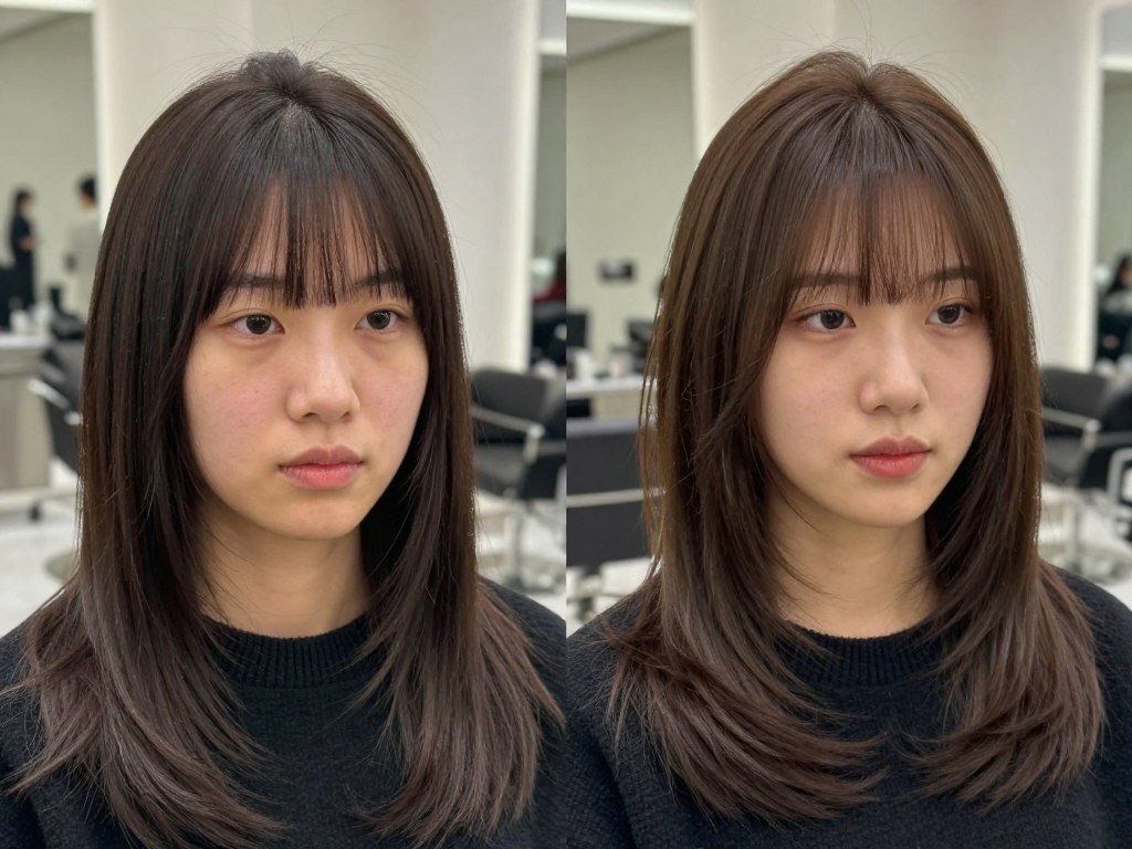 before and after comparison of woman over 50 with and without bangs