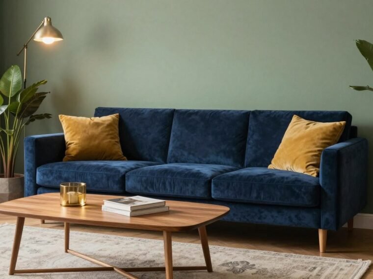 blue and green living room ideas with navy sofa and sage green walls