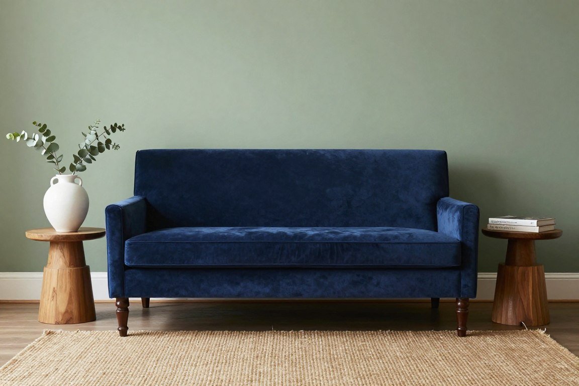 blue velvet sofa against sage green wall with natural decor