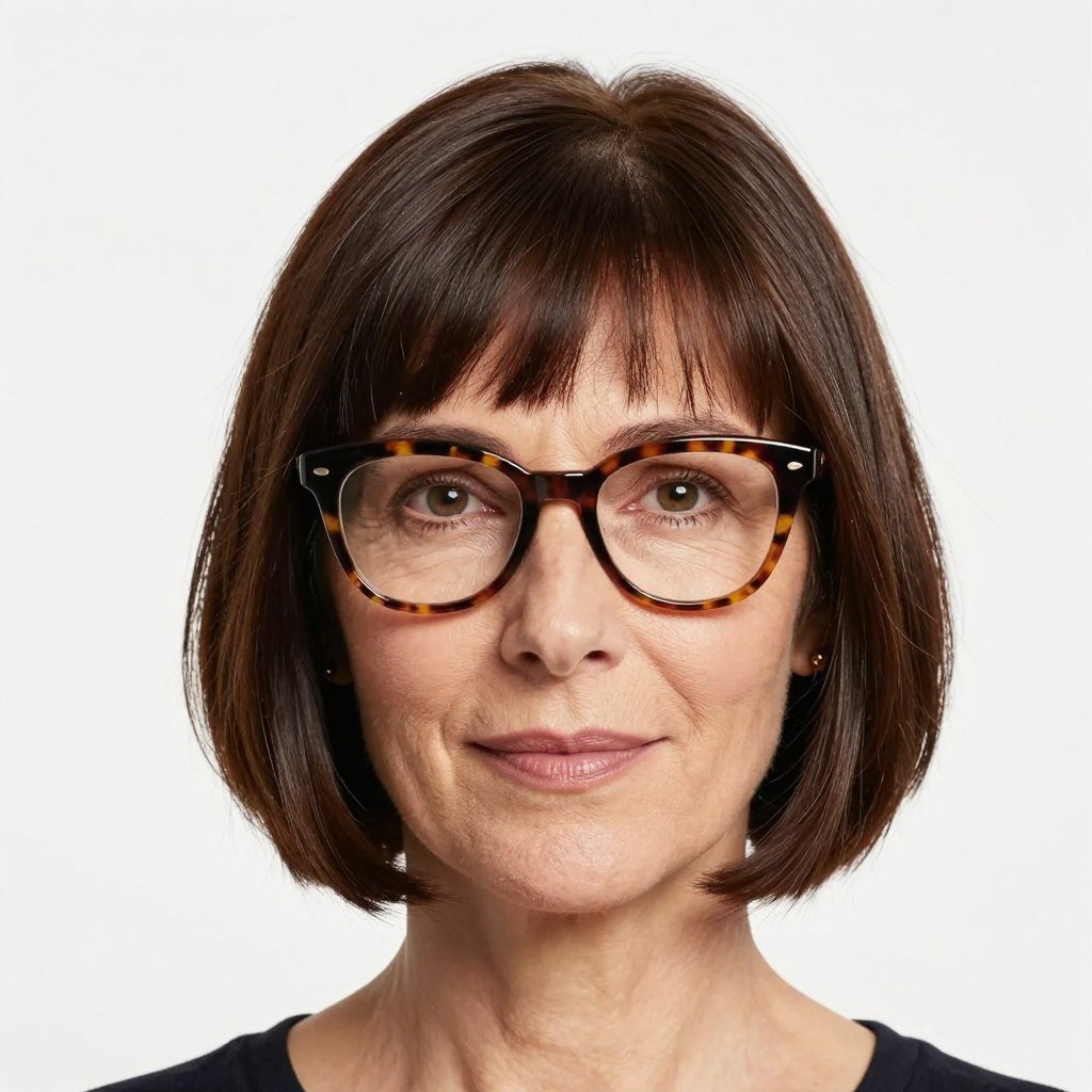 blunt bob hairstyle with bold tortoiseshell glasses