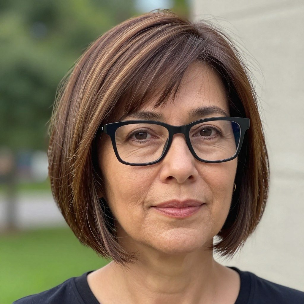 bob haircut with choppy fringe and modern rectangular frames