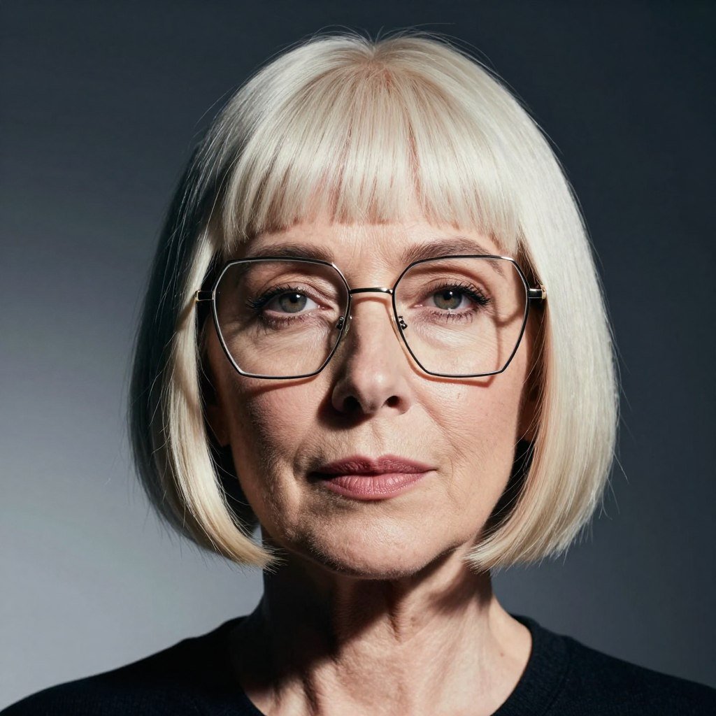bob with micro bangs and bold geometric glasses