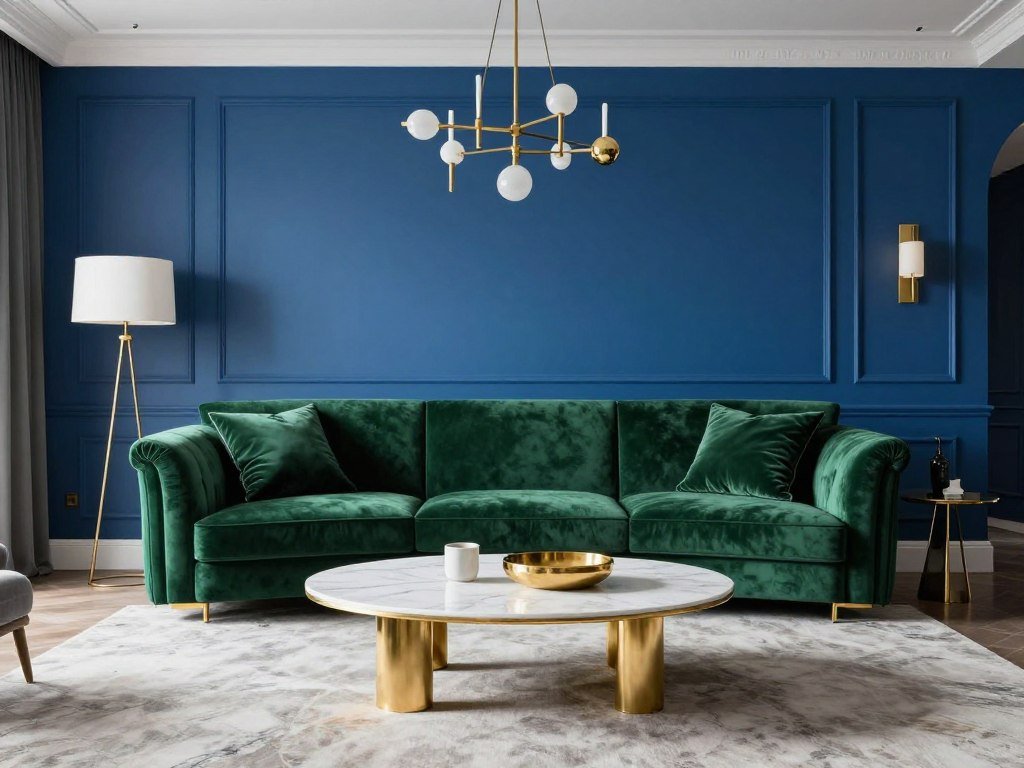 bold blue painted walls with green velvet furniture