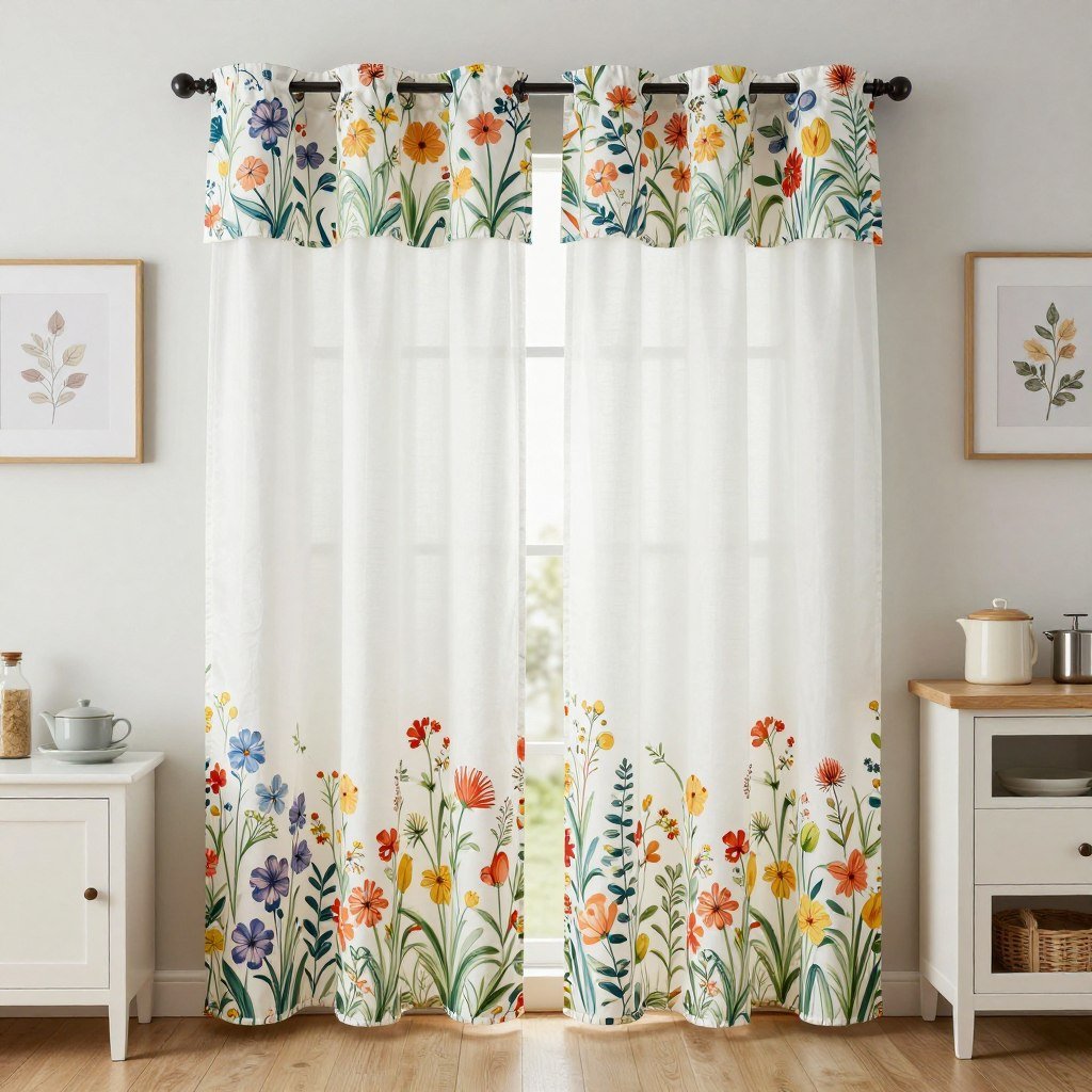 botanical print kitchen curtain set with colorful floral pattern