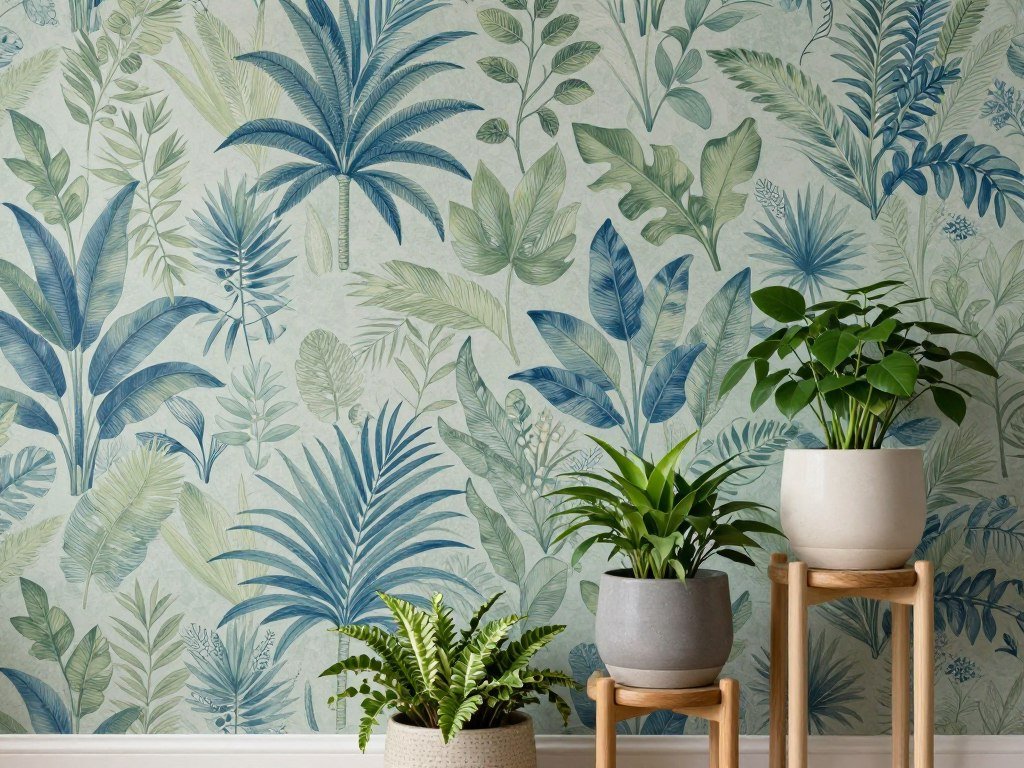 botanical print wallpaper and indoor plants arrangement