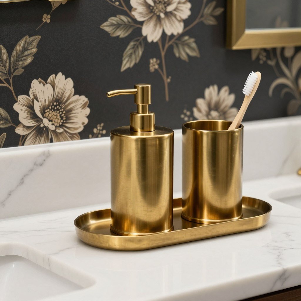 brass bathroom accessories on marble countertop with dark wallpaper