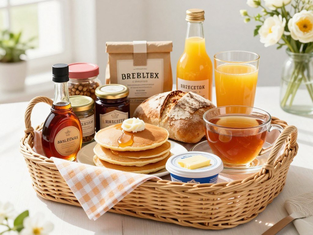 breakfast themed gift basket with pancake mix and coffee