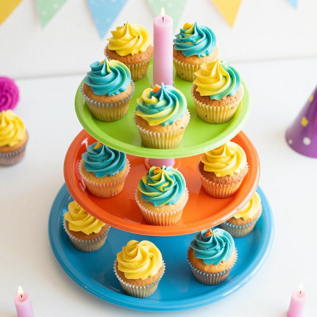 bright colorful DIY cupcake stand made with melamine plates from Dollar Tree in rainbow colors