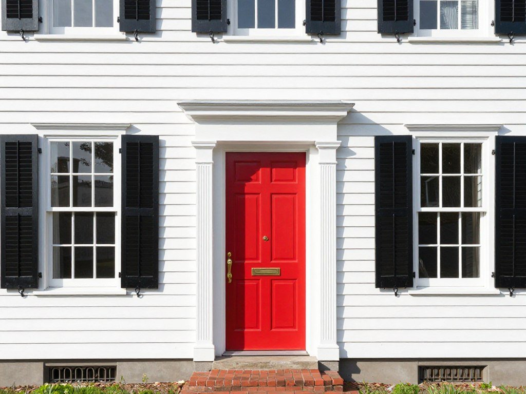 bright red painted front door on colonial style white house with black shutters