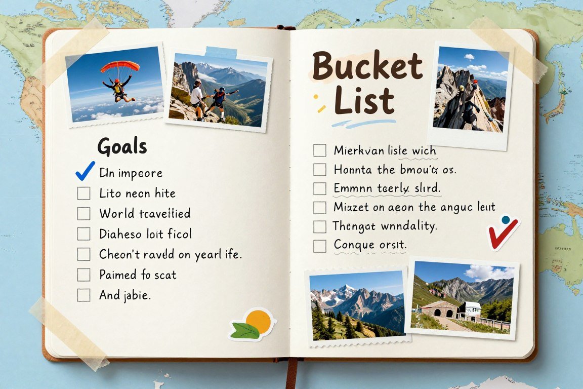 bucket list scrapbook with travel and adventure photos