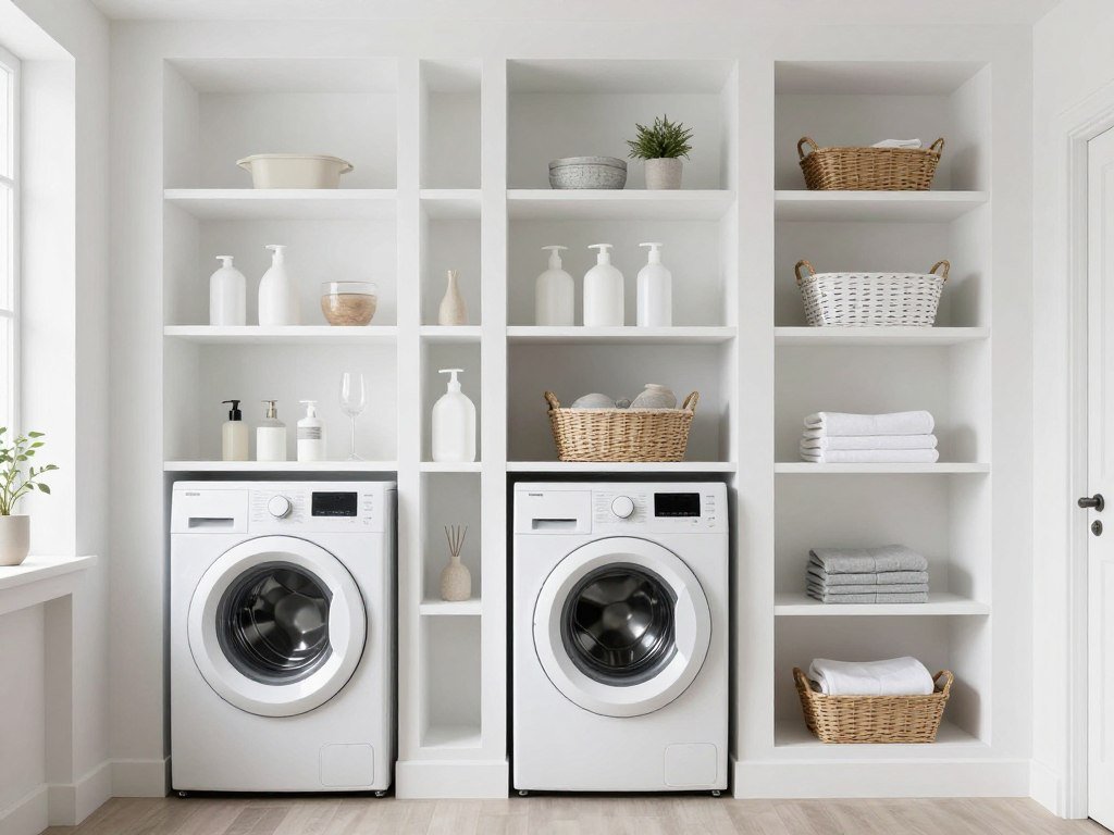 built-in recessed shelves in wall beside top loader washer for storage