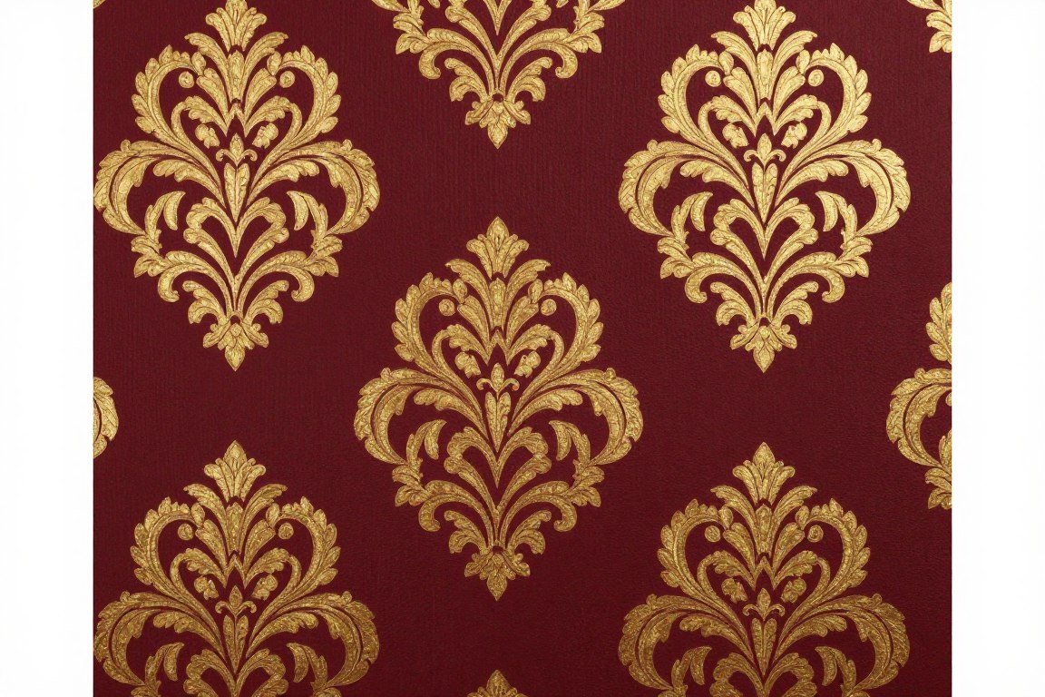 burgundy damask wallpaper pattern with gold metallic accents