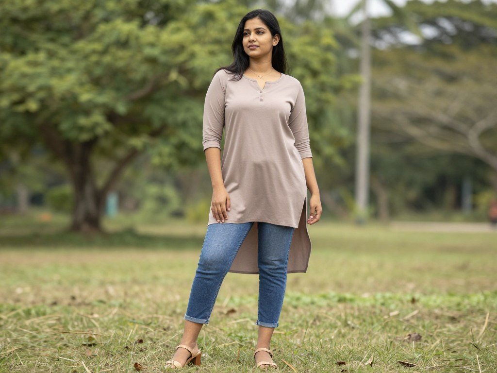 casual outfit with medium wash jeans and long top