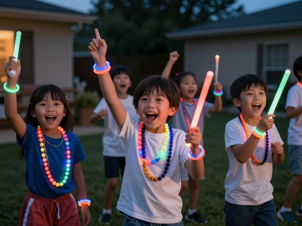 children wearing red white blue glow stick bracelets at nighttime 4th July party