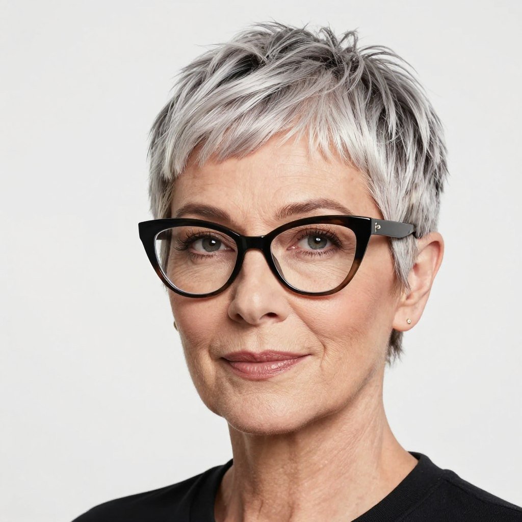 classic pixie cut for women over 50 with cat-eye glasses