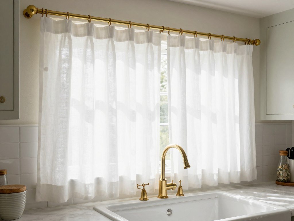 classic white cafe curtains on kitchen window over sink with rod pocket design