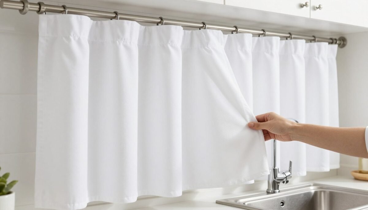 clean kitchen curtains hanging on rod after proper washing and care