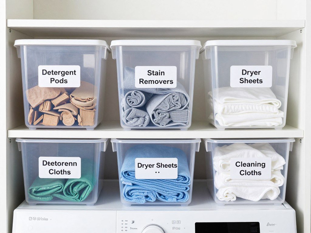 clear labeled storage bins on shelves organizing laundry room supplies