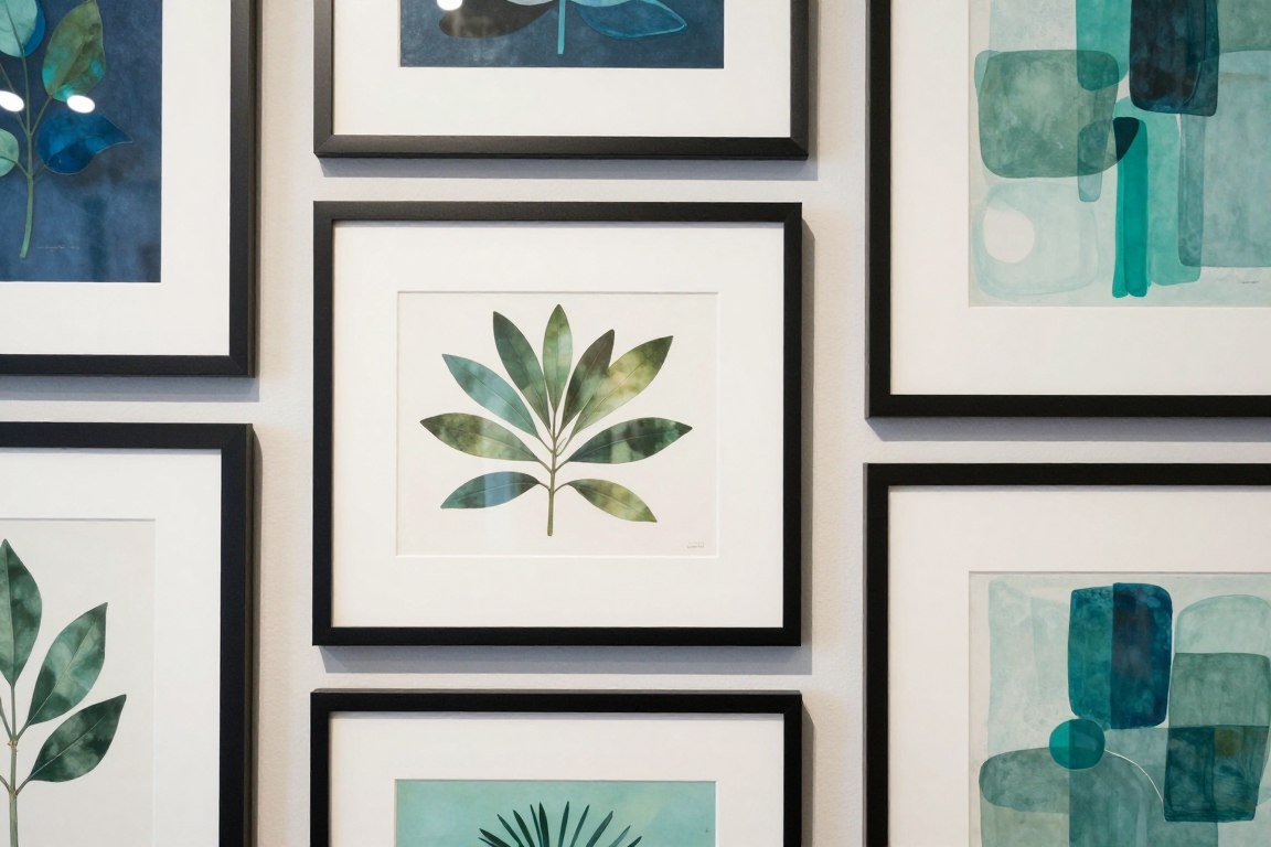 close-up of botanical and abstract blue green artwork